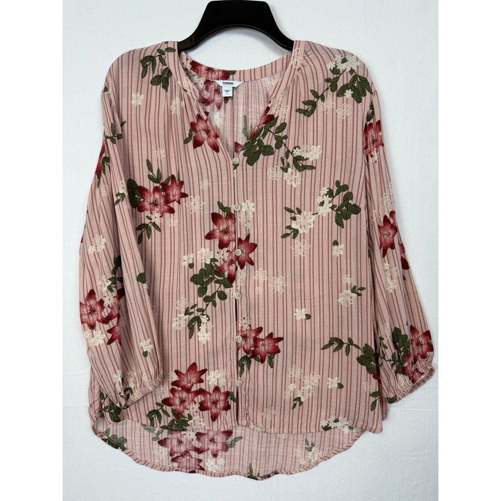 Sonoma Goods For Life Womens Floral Striped Blouse Pink Red Rayon Top Large‎